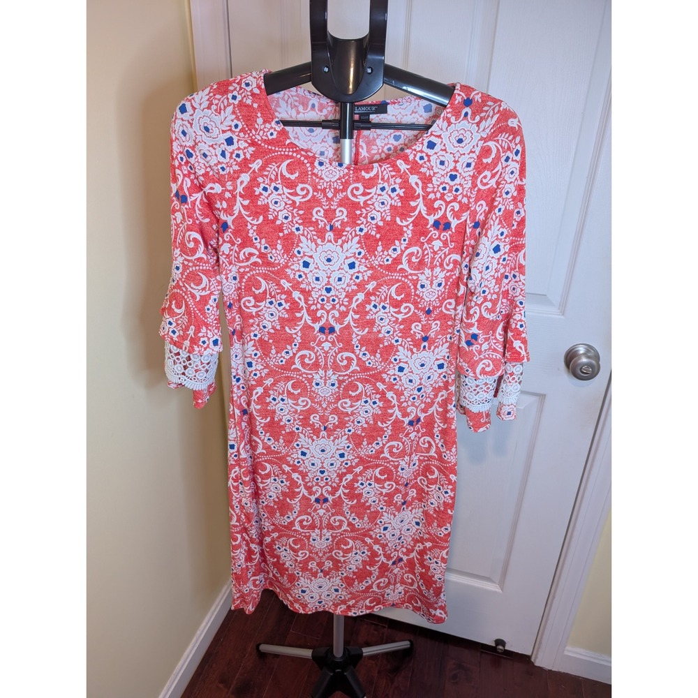 Glamour Shift Dress Women Size 6 Coral Blue Damask Floral Bell Sleeve Lace‎ Trim